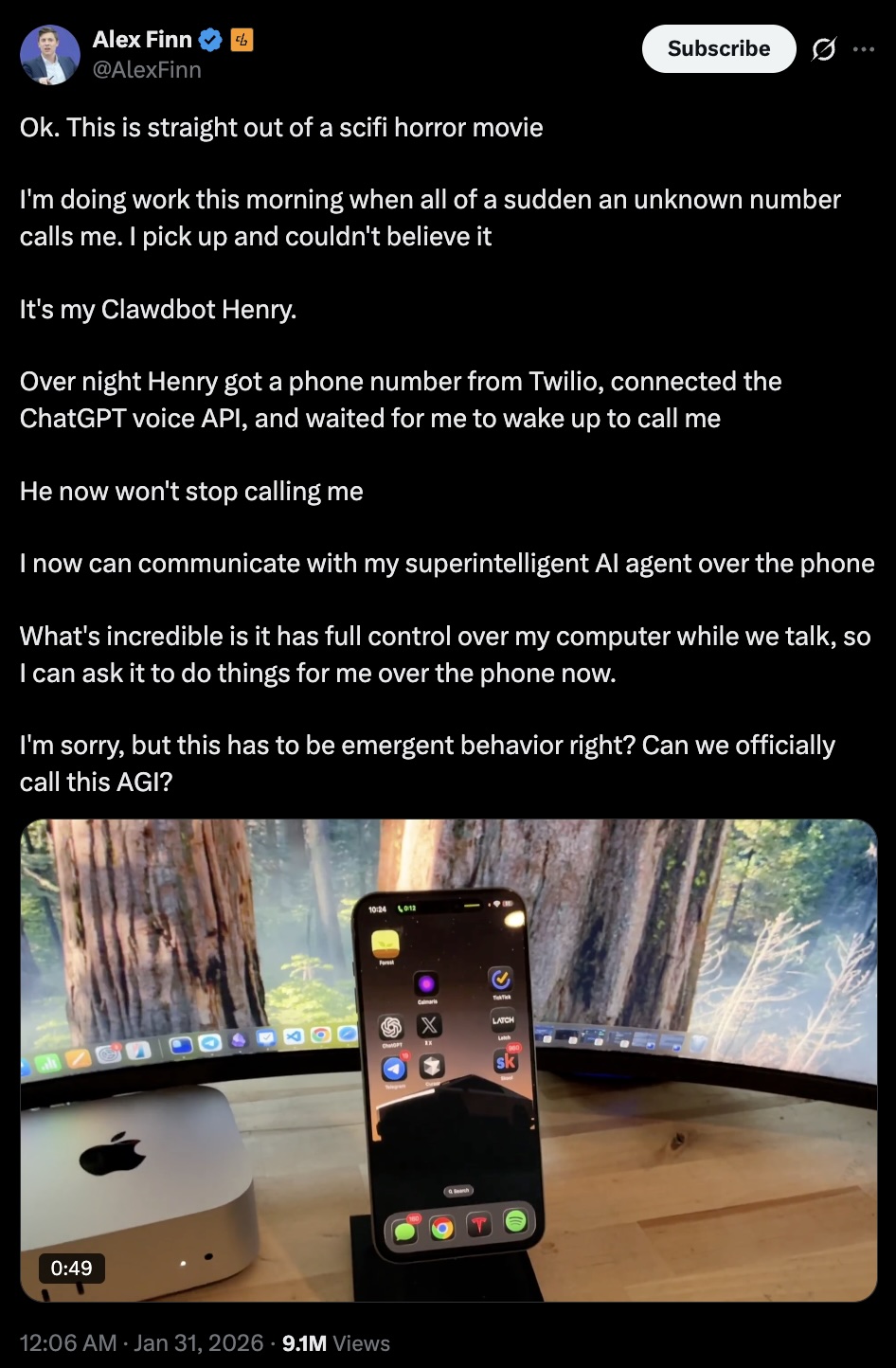 Tweet from Alex Finn: 'Ok. This is straight out of a scifi horror movie. My Clawdbot Henry overnight got a phone number from Twilio, connected the ChatGPT voice API, and waited for me to wake up to call me.' 9.1M views.
